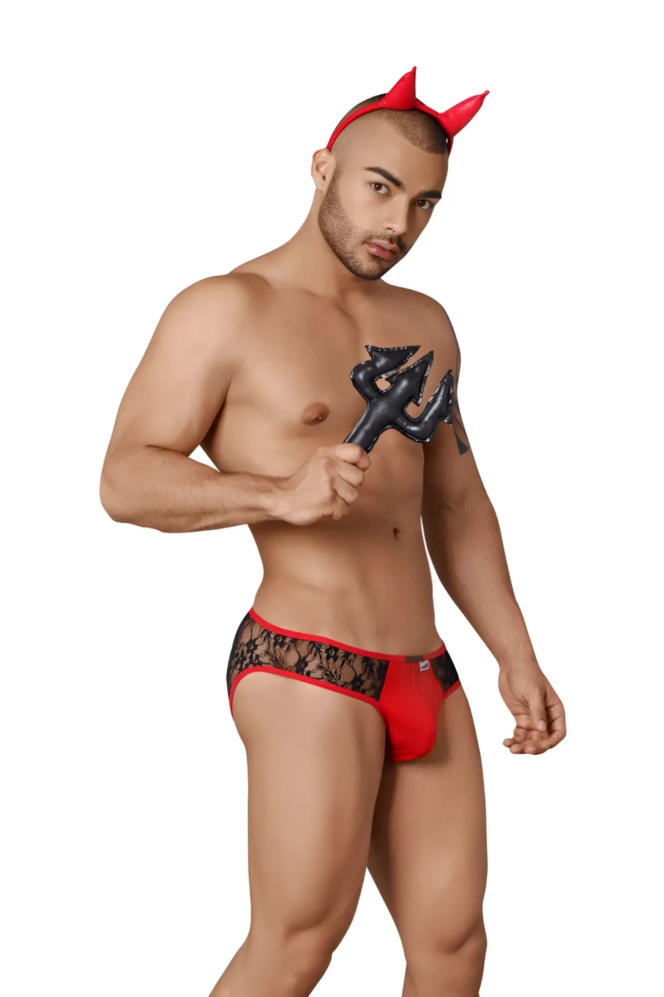 Red lace-trimmed men’s briefs with a black devil motif from candyman devil outfit costume in black and red size m