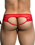 Red candyman lace cut out thong underwear size s shown from the back with sheer mesh and floral lace detailing