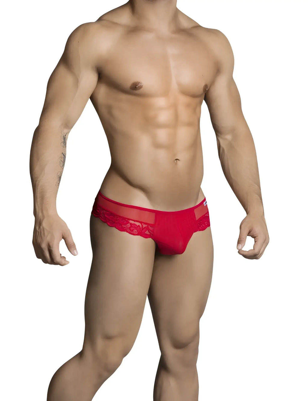 Red lace-trimmed candyman lace cut out thong underwear in size small designed for men
