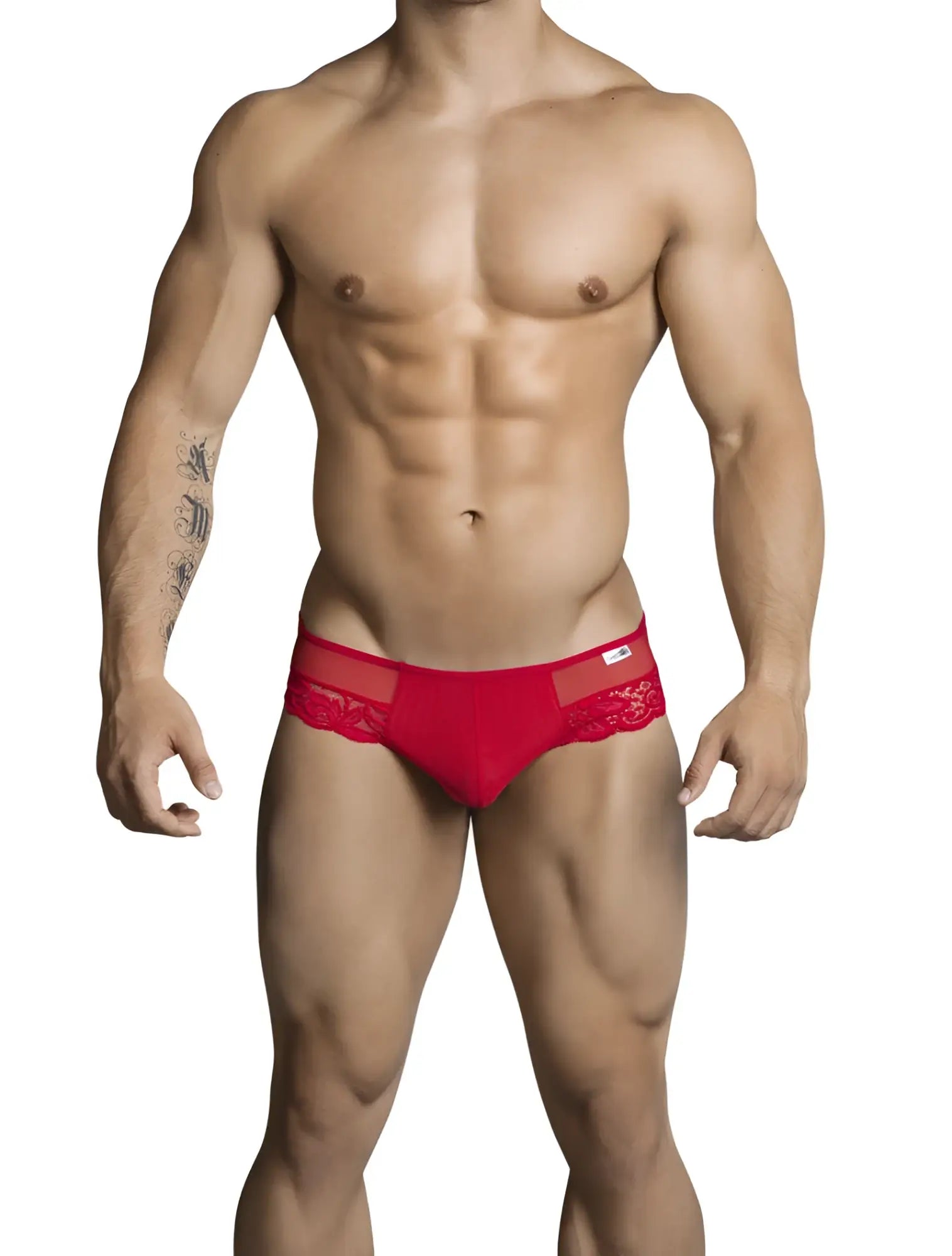 Red candyman lace cut out thong underwear with sheer mesh front panel and lace trim size s