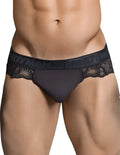 Black lace-trimmed candyman thong underwear in black with branded elastic waistband size small front view
