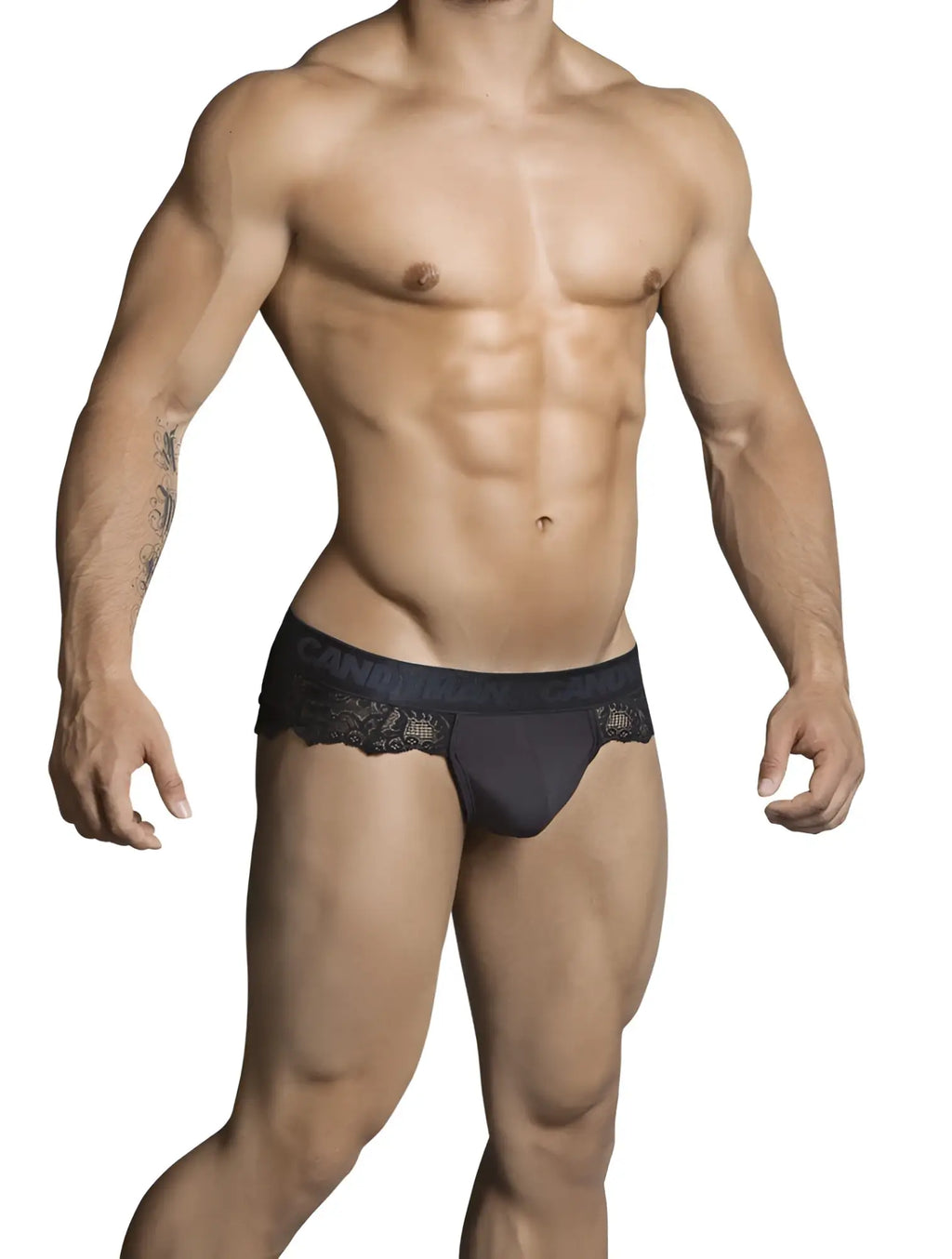 Black lace-trimmed men’s briefs with branded waistband candyman lace thong underwear black size s shown from back side