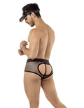 Black mesh briefs with bold open-back design and reinforced elastic waistband from candyman police mesh outfit size m shown from back