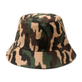 Canvas bucket hat in classic camouflage pattern featuring earthy greens browns and tan in military style design