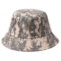 Canvas bucket hat in digital camouflage with wide brim and adjustable strap made of durable fabric