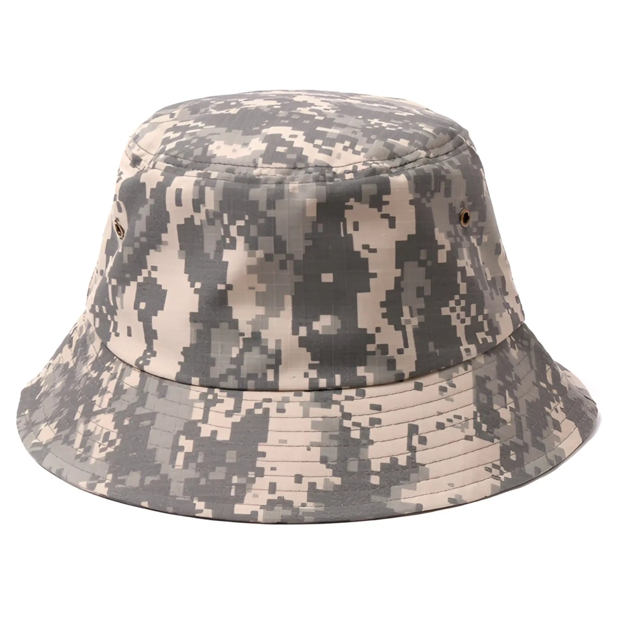 Canvas bucket hat in digital camouflage with wide brim and adjustable strap made of durable fabric