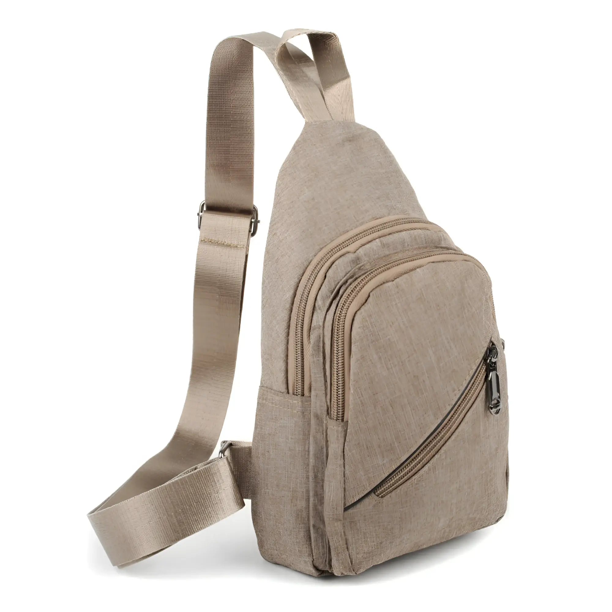 Beige canvas sling bag with multiple zippered compartments and adjustable crossbody strap for daily use