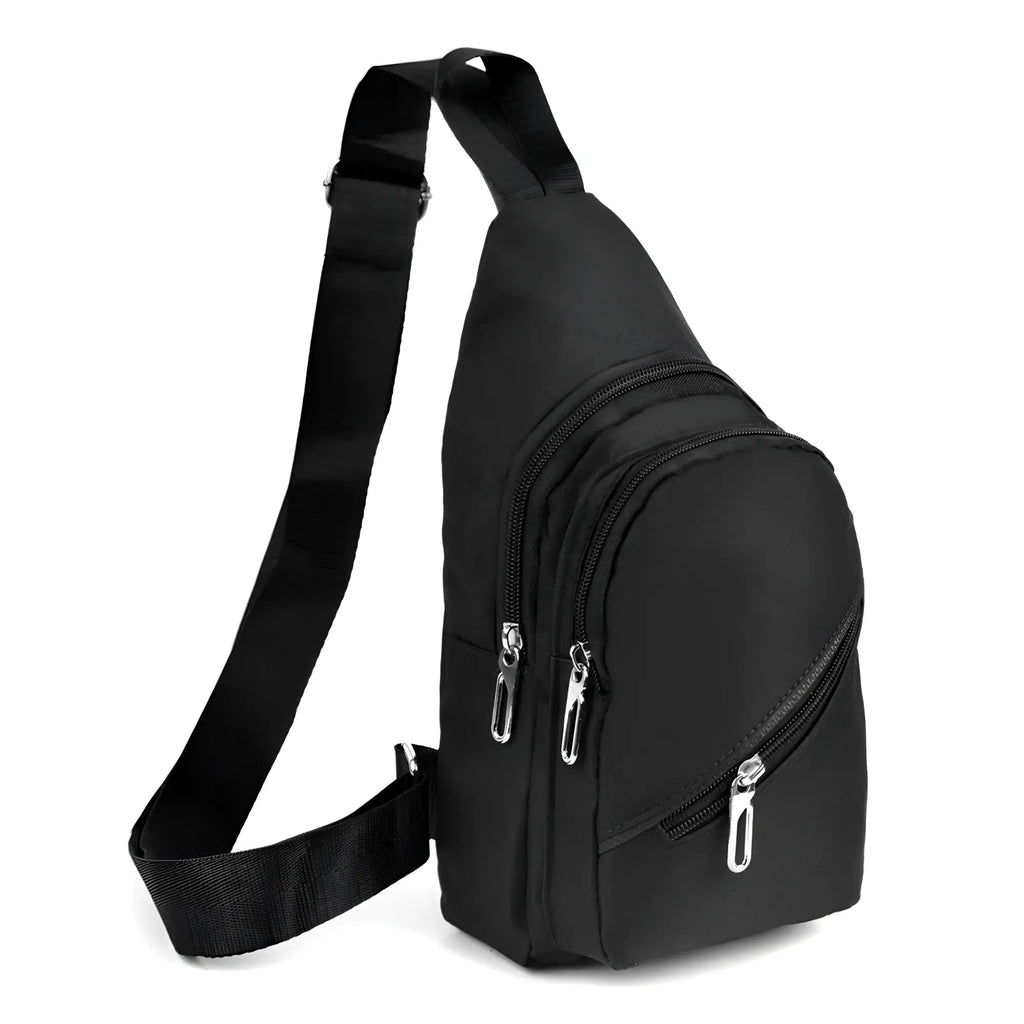 Black nylon canvas sling bag with silver zippers and adjustable crossbody strap for hands-free use