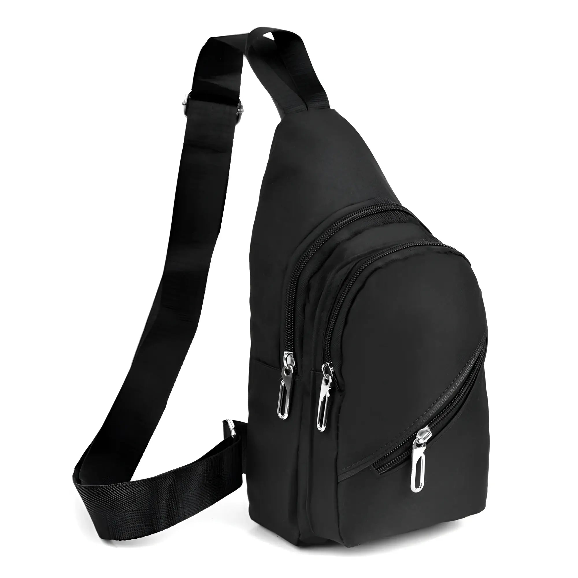 Black nylon canvas sling bag with silver zippers and adjustable crossbody strap for hands-free use