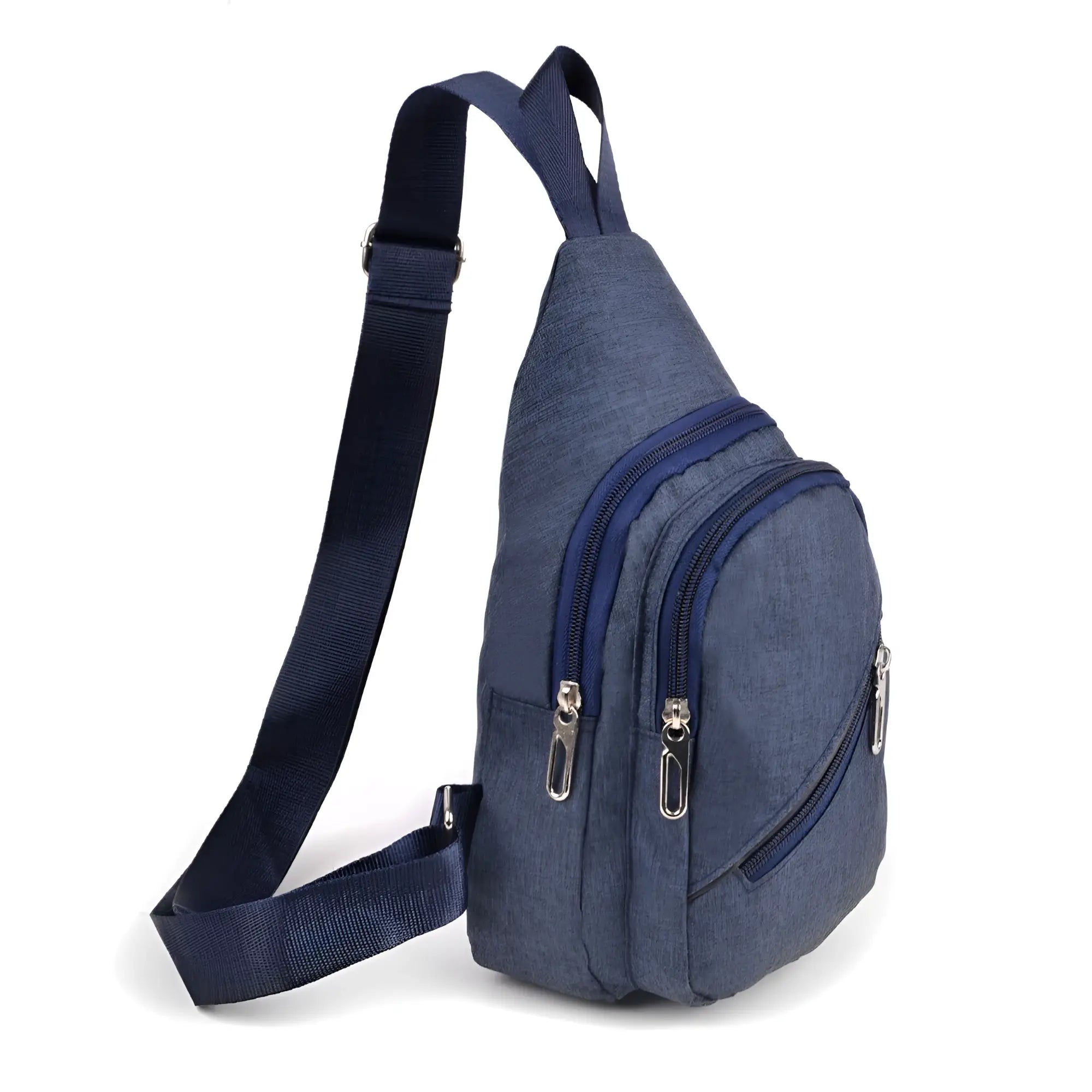 Navy blue denim-textured canvas sling bag with multiple zippered compartments and silver-toned zippers for daily use