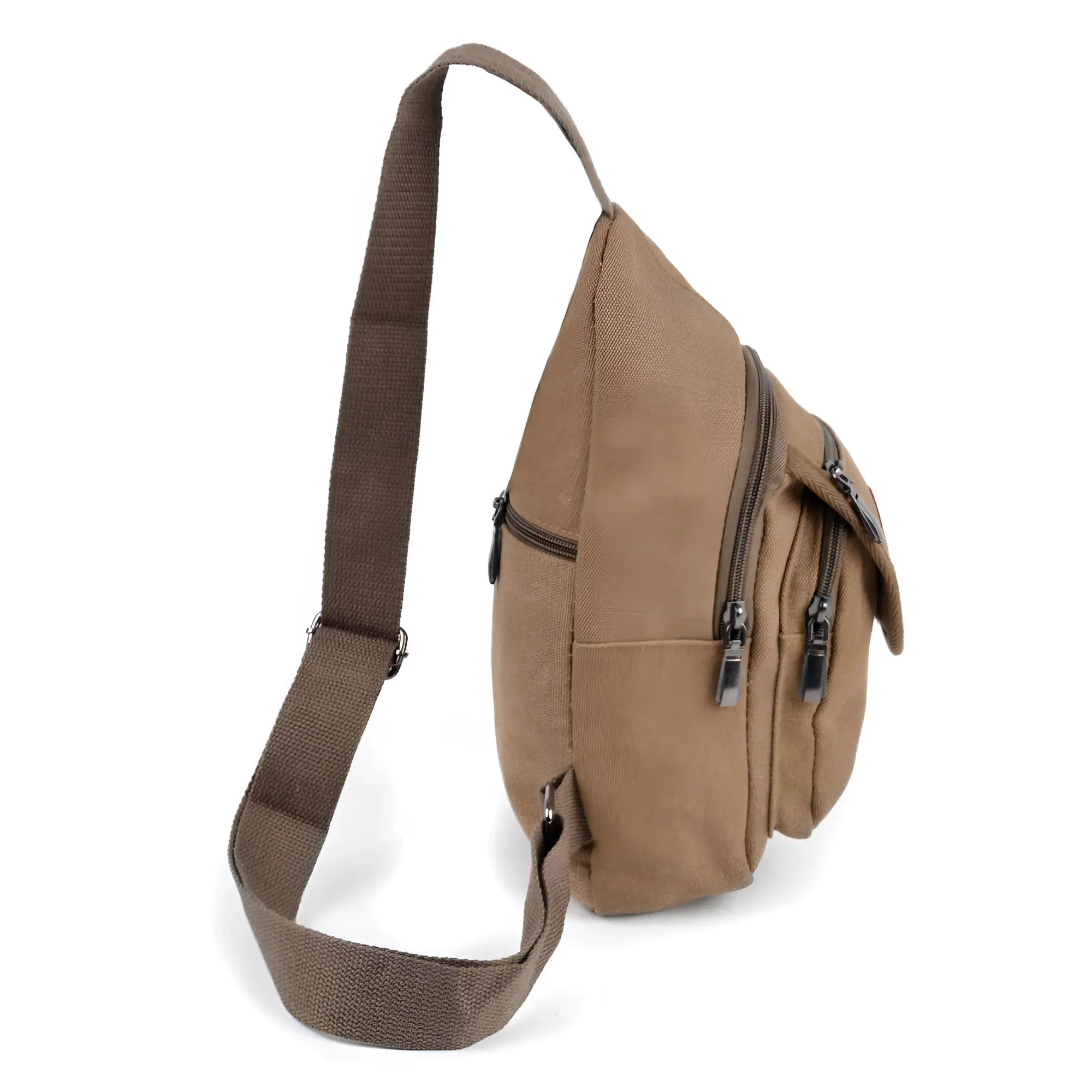Tan canvas sling bag with multiple zippered compartments and a sturdy adjustable shoulder strap