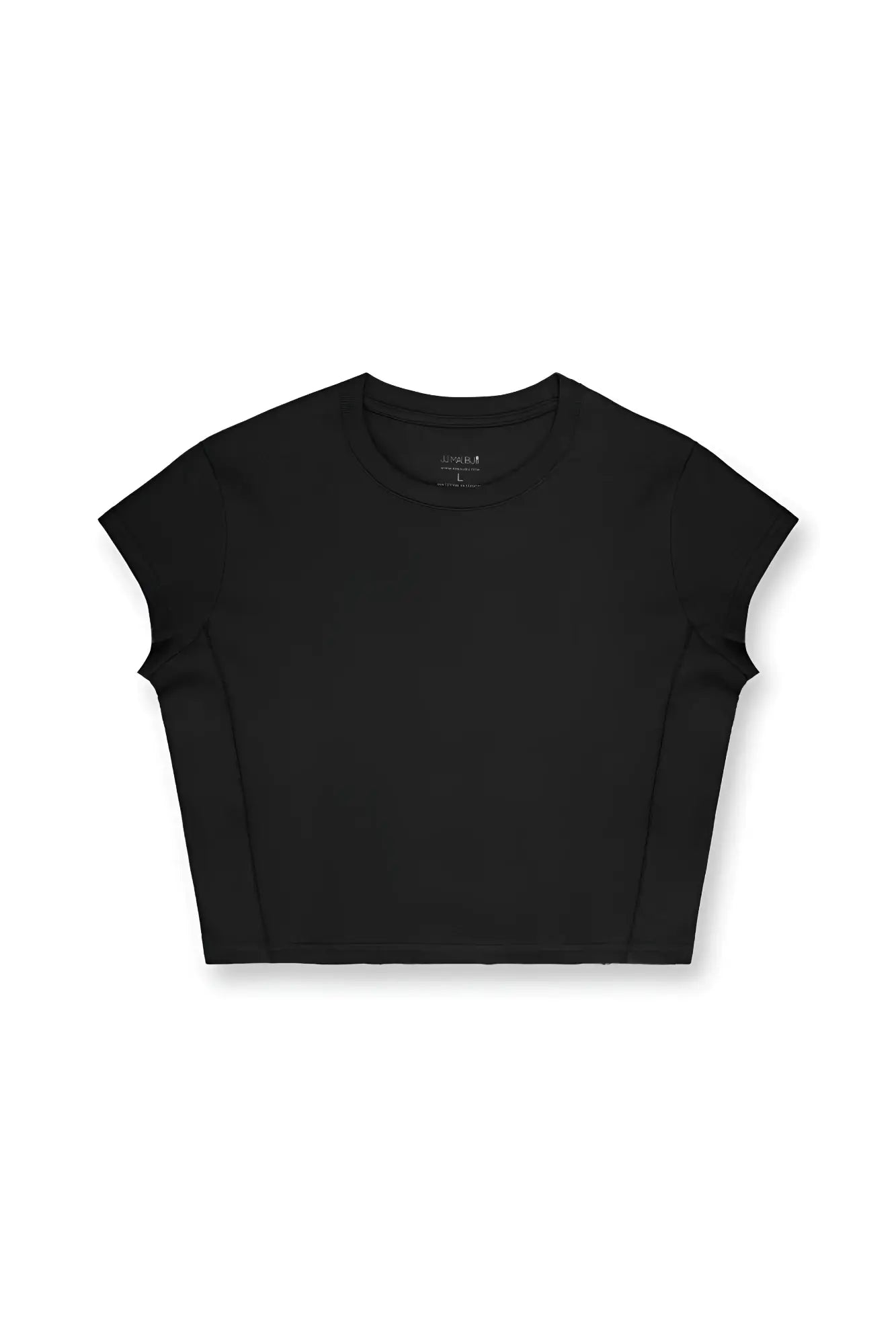 Black cap sleeve rib knit crop top with short sleeves crew neck and subtle seam detailing