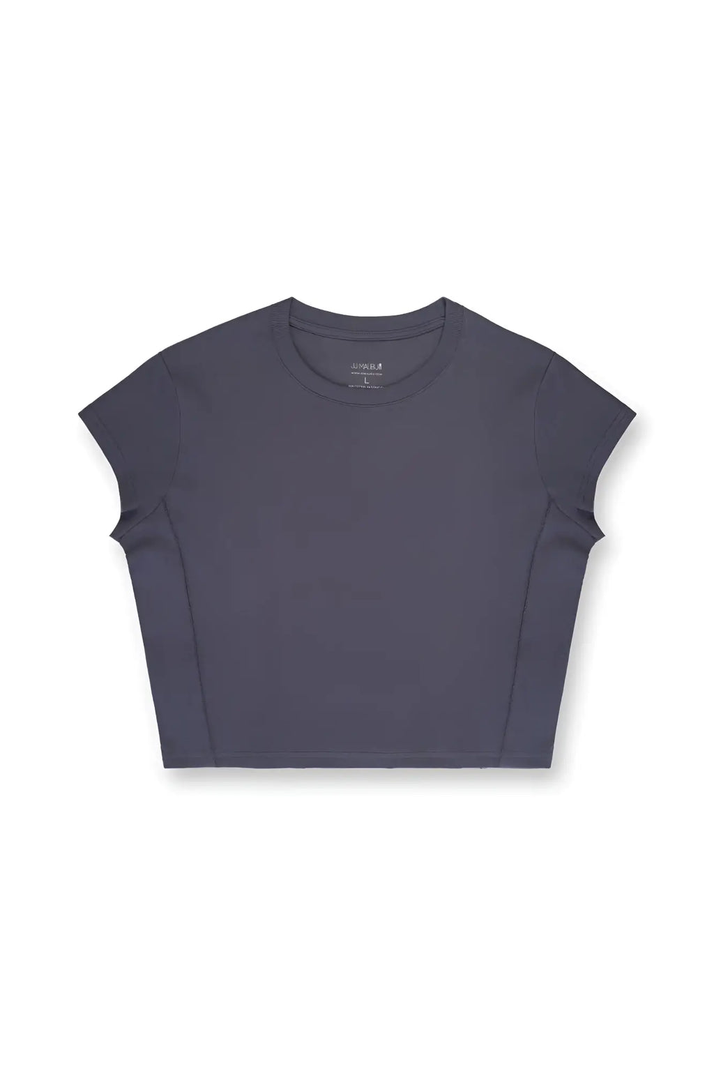 Dark gray cap sleeve rib knit crop top with round neckline and subtle seam detailing in storm grey