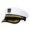 White captain hat with black band gold braided trim and embroidered anchor insignia for nautical use