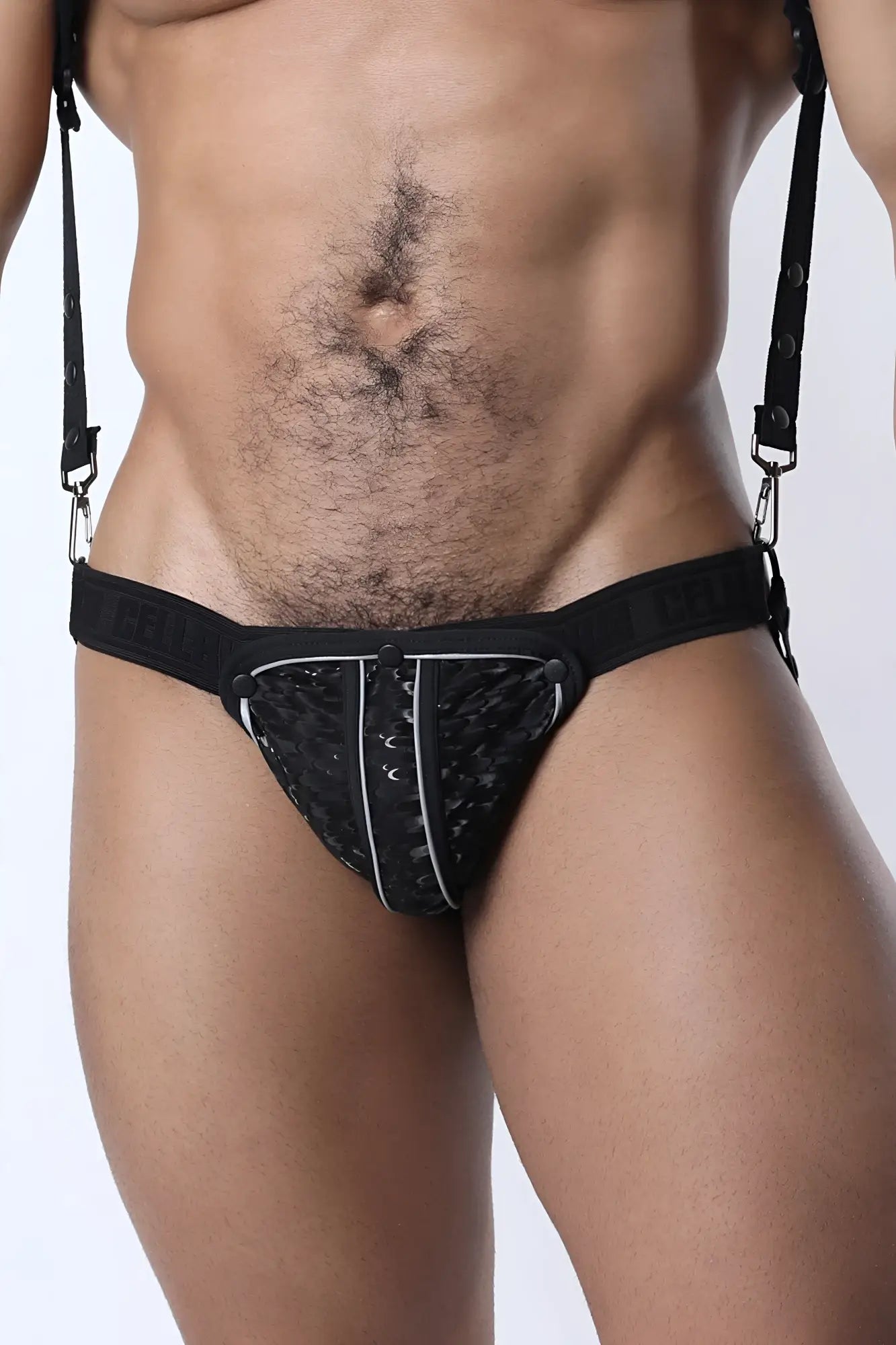 Black lace-trimmed carbon shadow jock cup pouch briefs with adjustable suspenders and central zipper detail