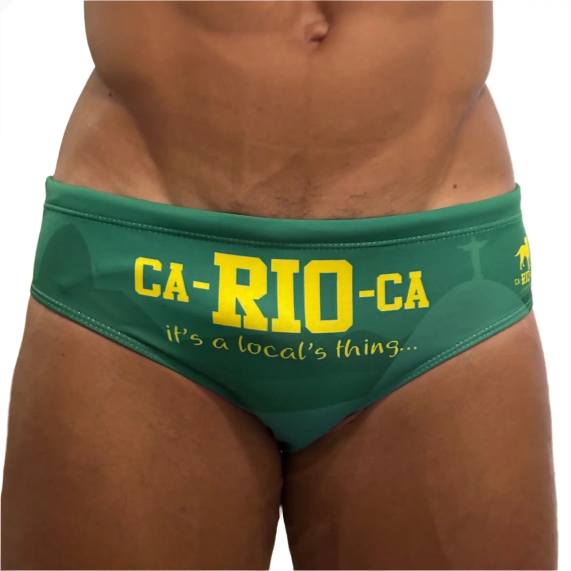 Green swim trunks with bold yellow ca-rioca lettering and its a locals thing phrase in carioca festival rio clearance sale