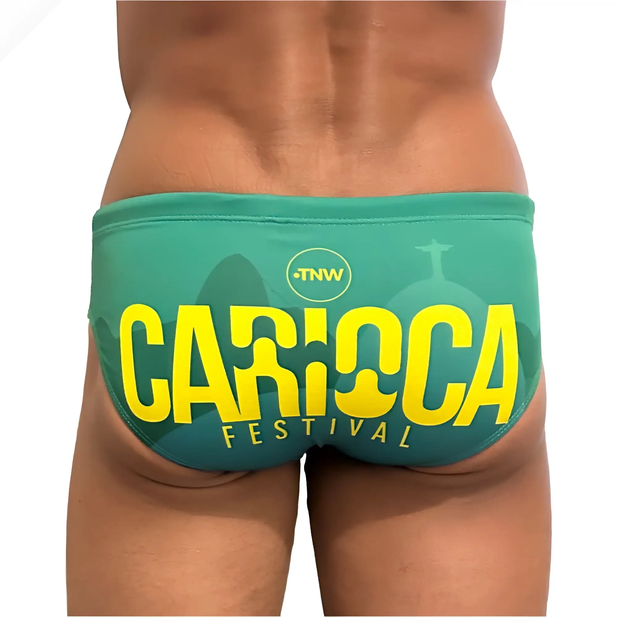 Teal swim trunks with bold yellow carioca festival lettering and christ the redeemer silhouette for rio beachwear
