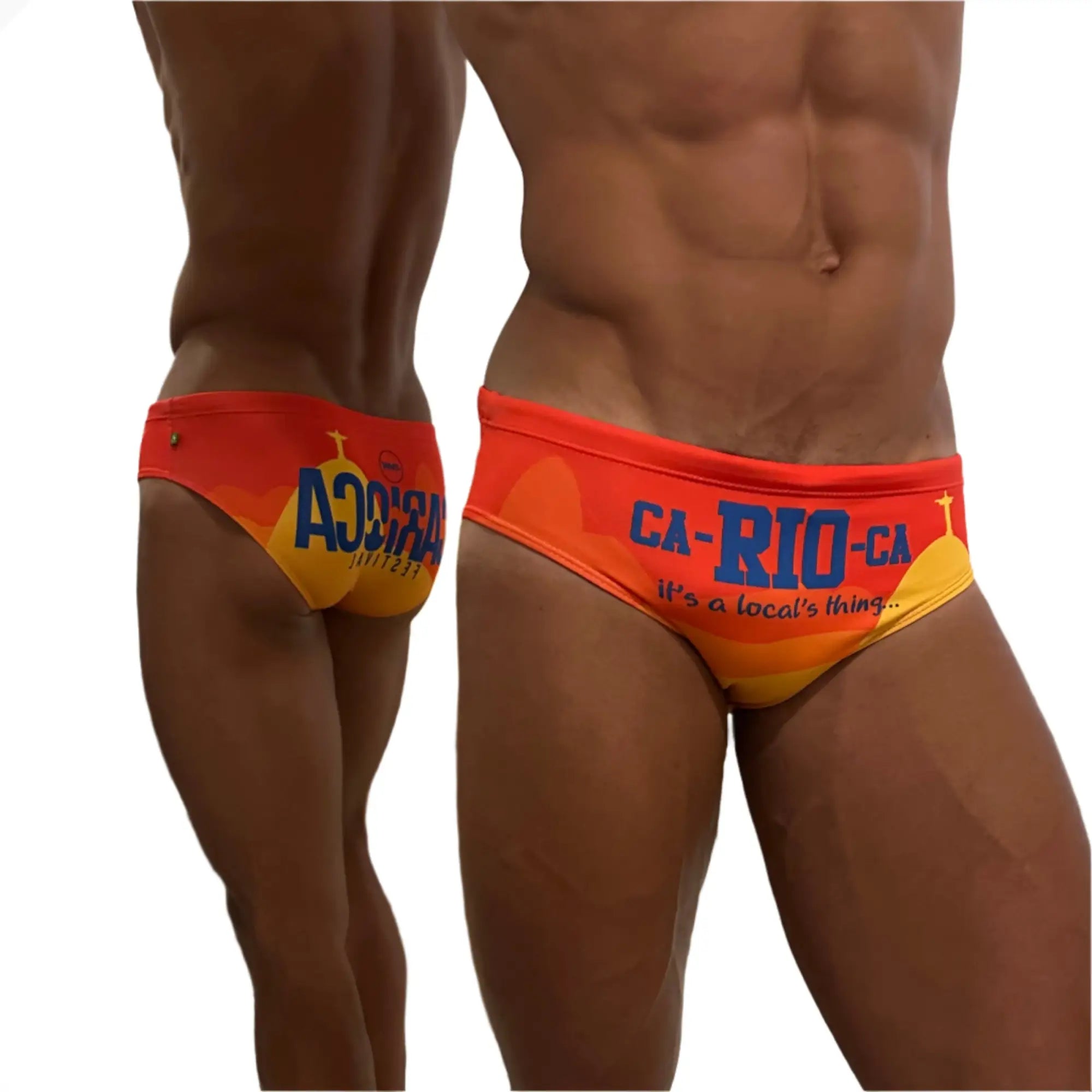Vibrant orange and yellow swim trunks with ca-ri-o-ca lettering and christ the redeemer graphic for carioca festival rio clearance