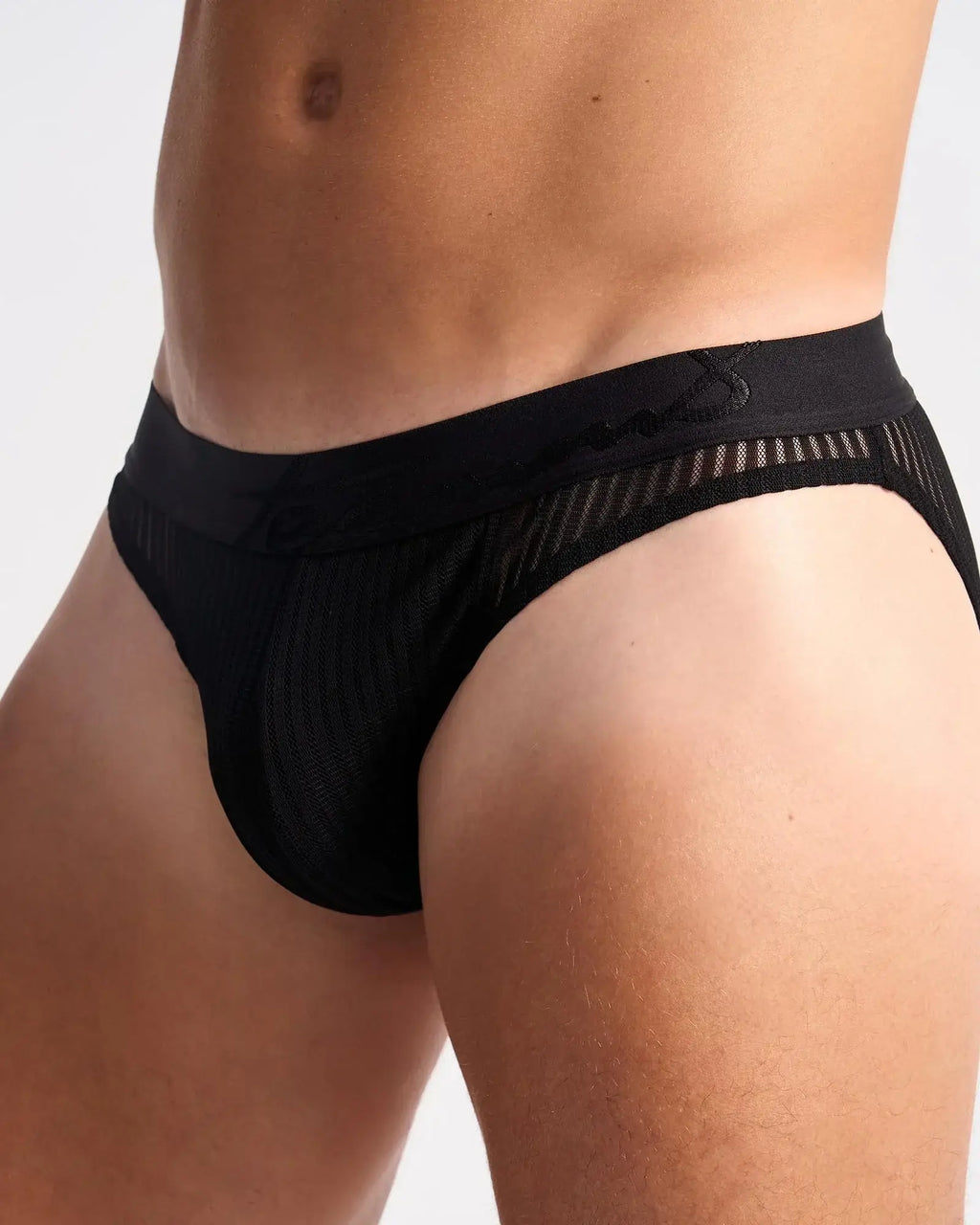 Black mesh casanova brief with solid waistband and embroidered logo designed for comfortable everyday wear