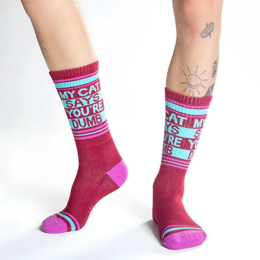 My cat says your dumb crew socks maroon and pink cotton blend with light blue text band and white bold letters