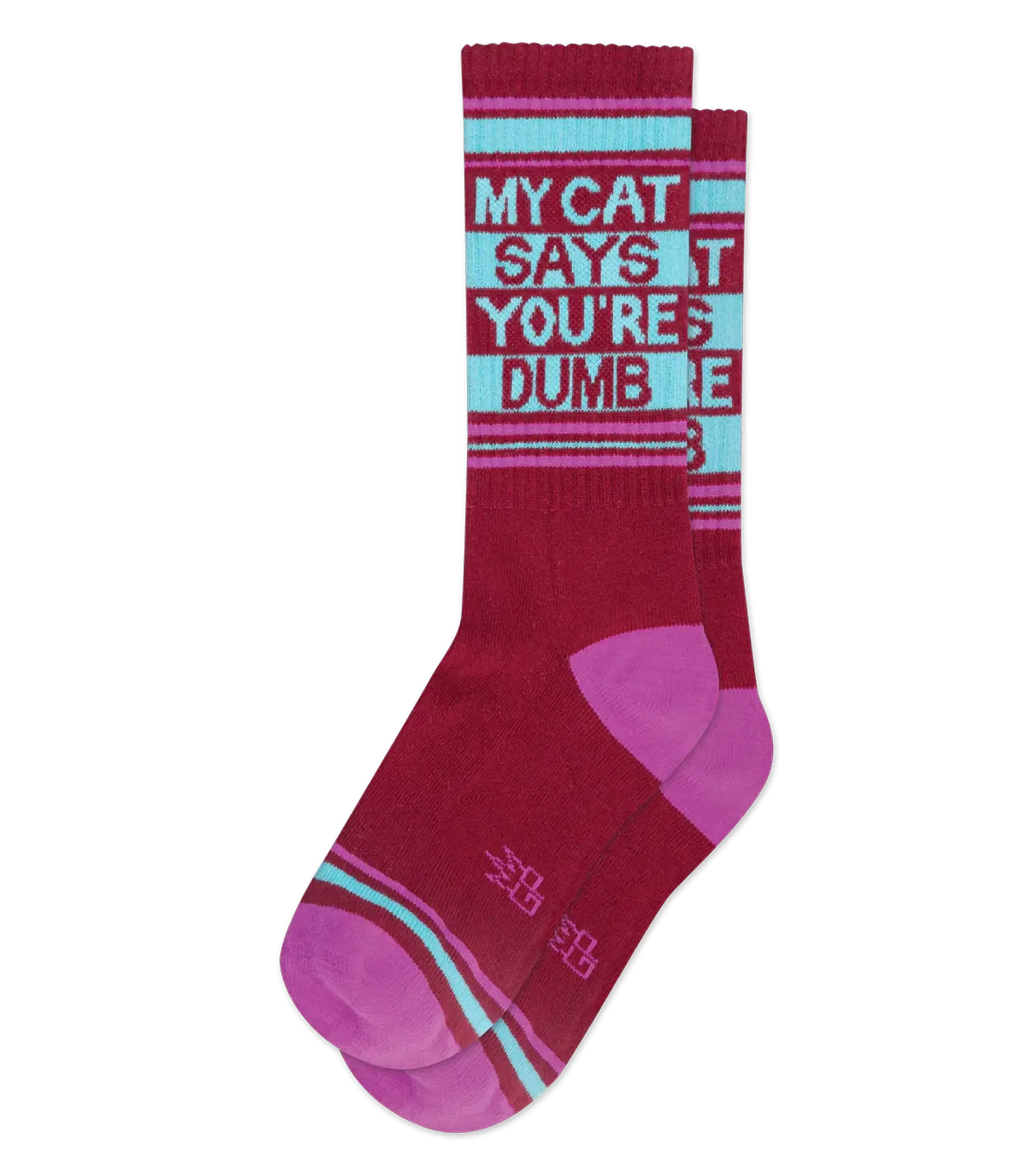 My cat says your dumb crew socks in maroon and pink stripes with white humorous text on light blue stripes
