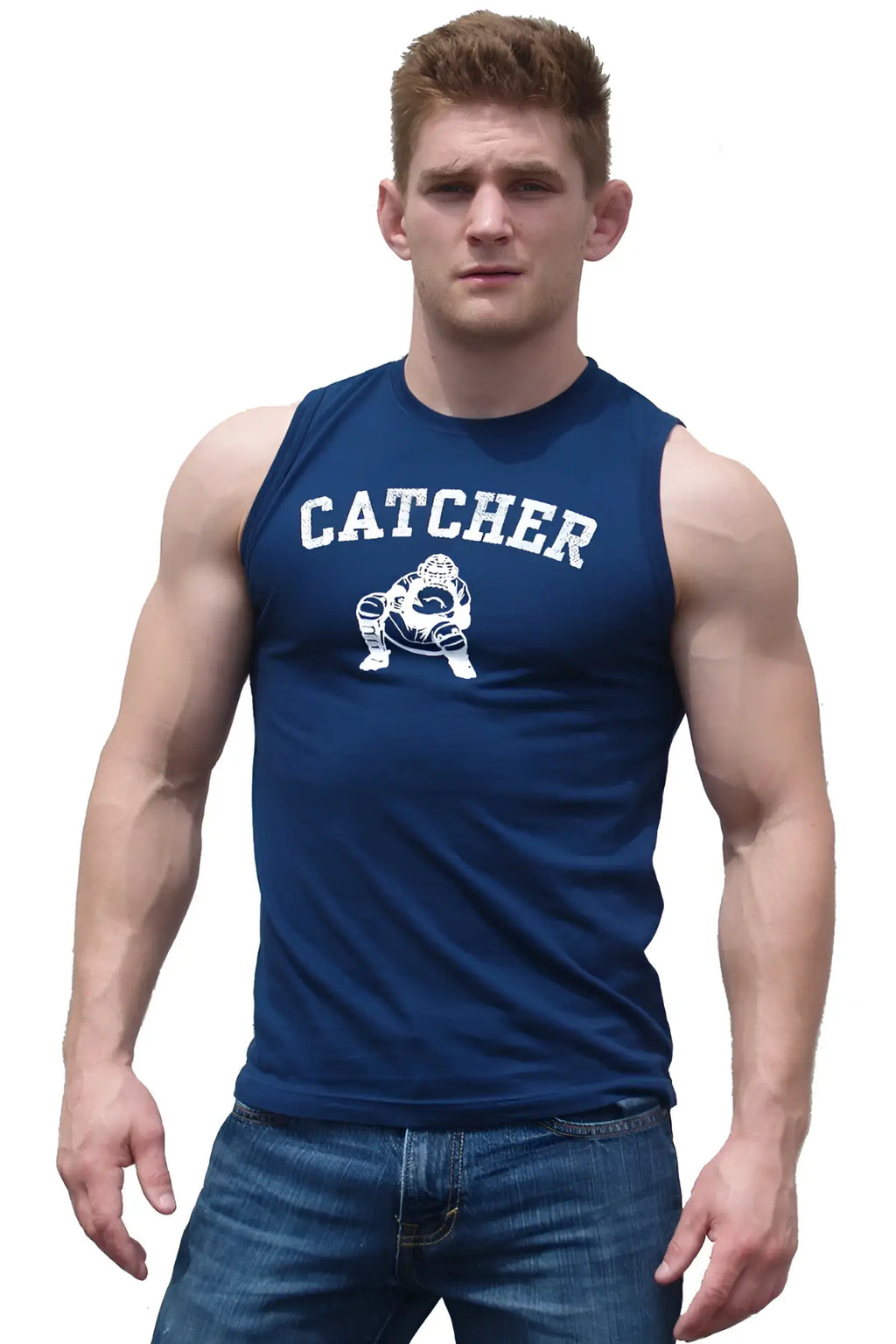 Navy blue sleeveless athletic fit tank top with white catcher lettering and baseball catcher graphic for sportswear