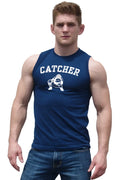 Navy blue sleeveless athletic fit tank top with white catcher lettering and baseball catcher graphic for sportswear