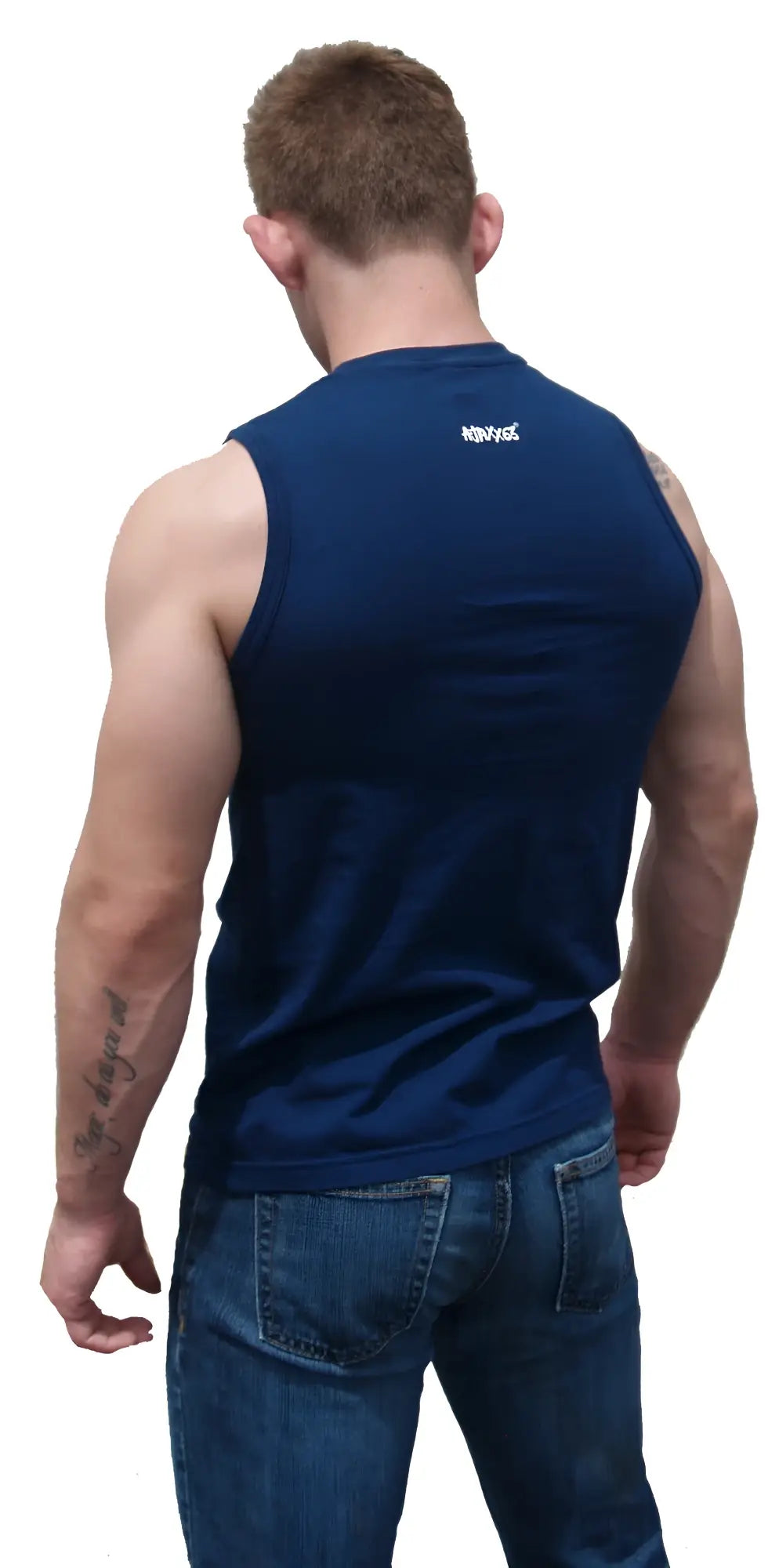 Back view of navy blue catcher sleeveless athletic fit tank top with small white logo on upper back