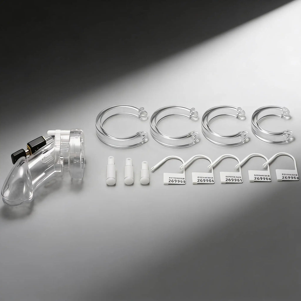 CB-X CB6000 clear male chastity device kit with cage, four base rings, three pins, and five numbered security seals.