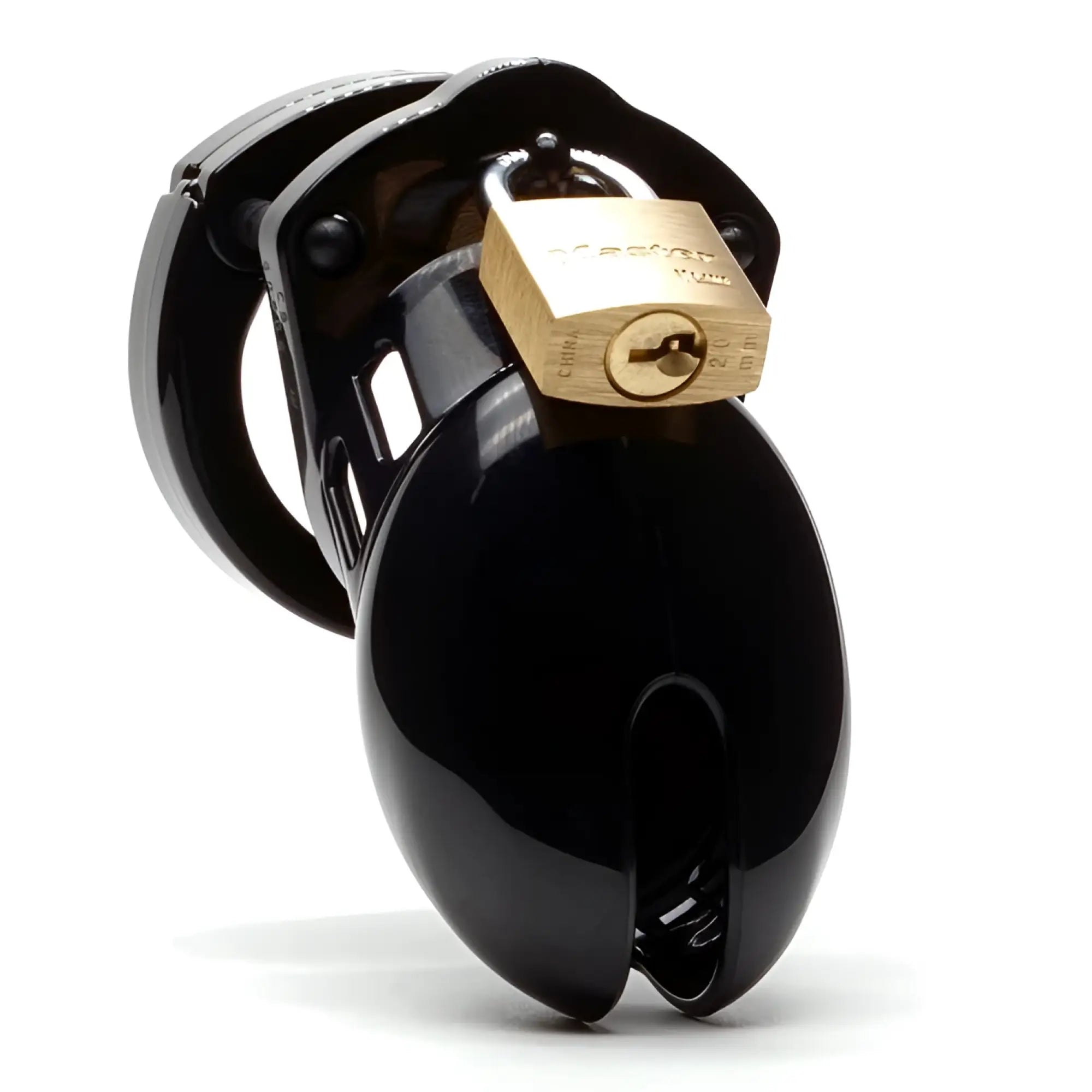 CB-X CB6000S black chastity cage kit featuring a glossy black design secured by a brass padlock.