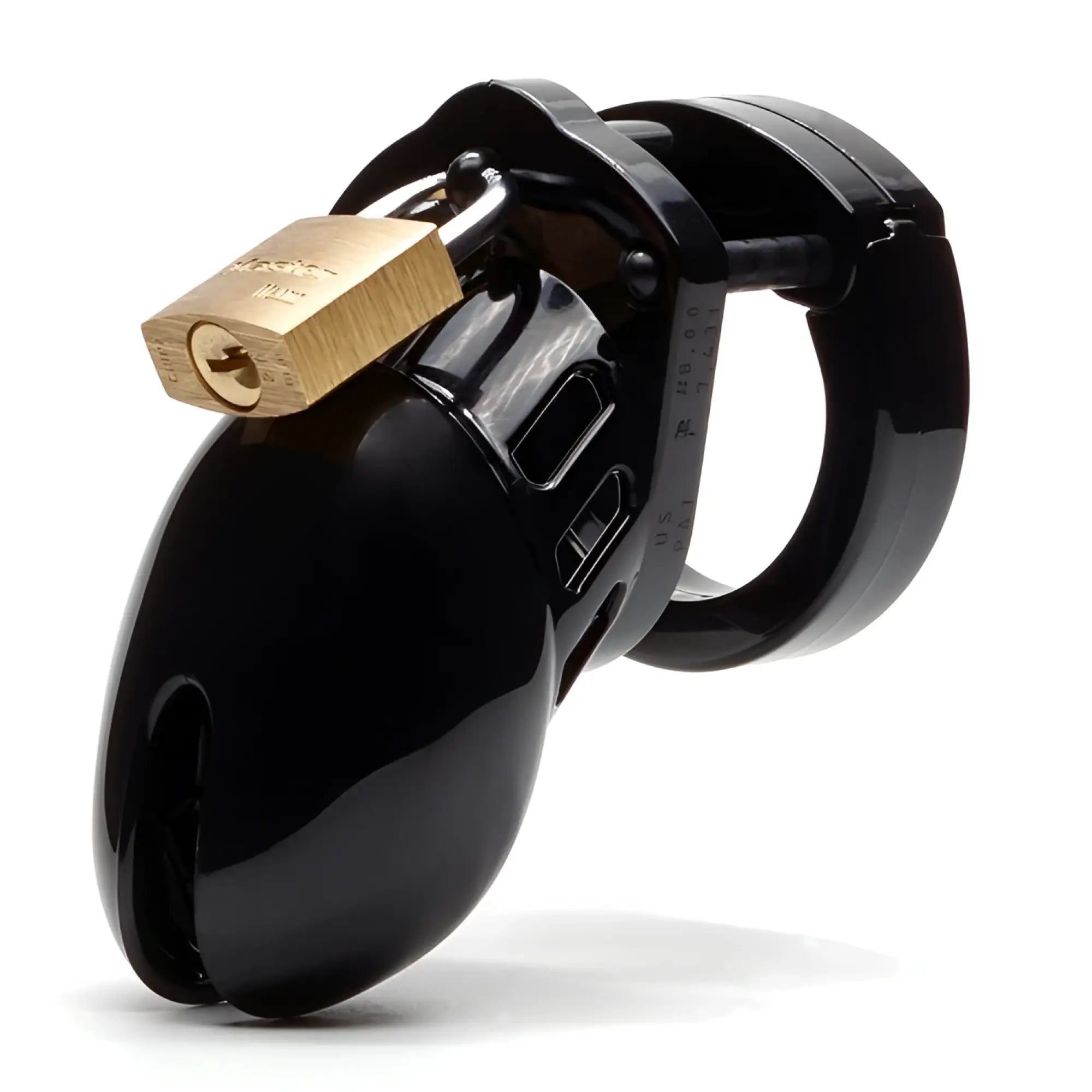 Black CB-X CB6000S chastity cage kit featuring a glossy black design secured with a brass padlock on a white background.
