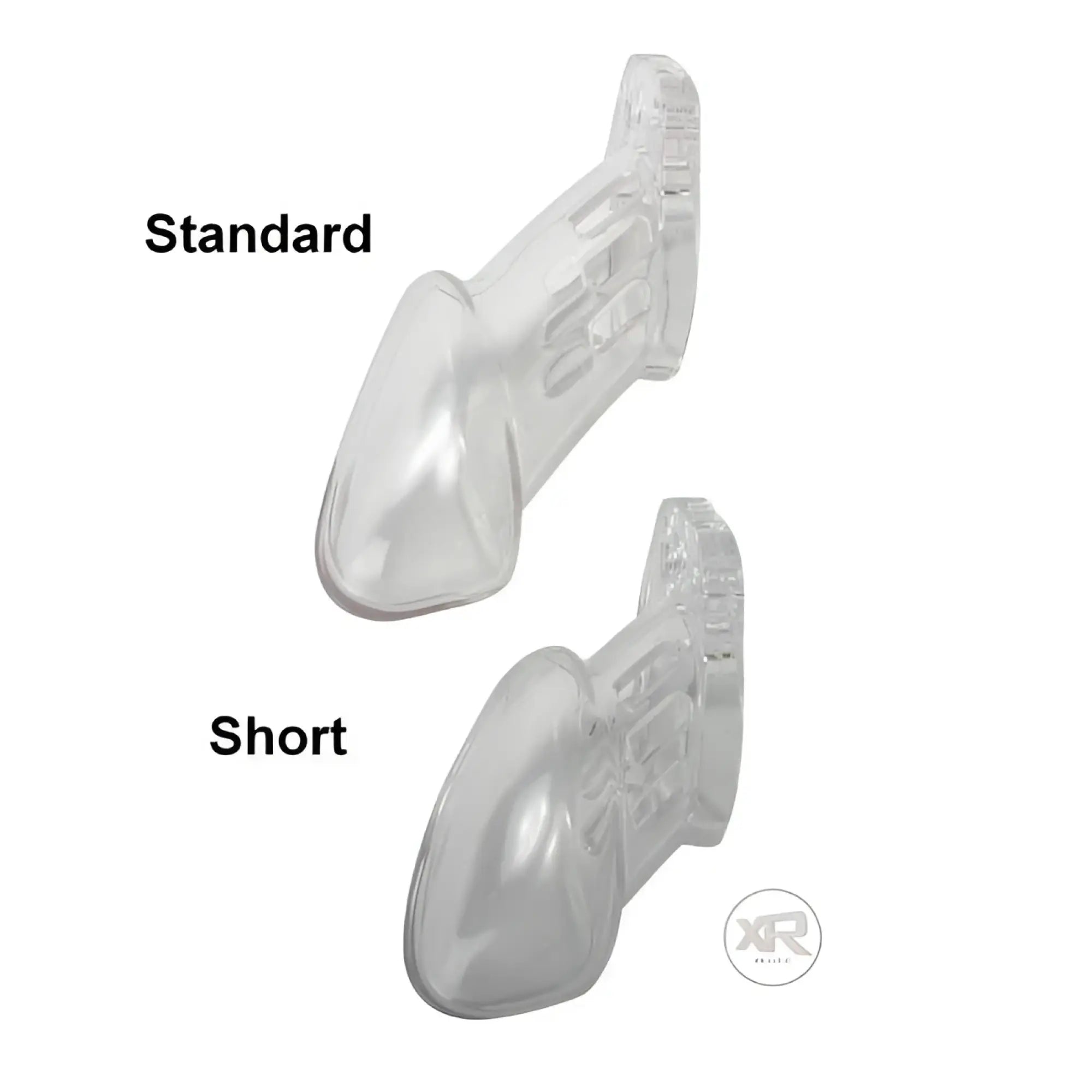 CB-X CB6000S male chastity device: clear plastic tube cages in standard and short lengths.