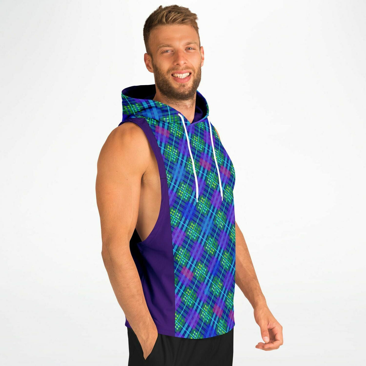 Maris Equi Blue Tartan Men's Drop Armhole Cotton Blend Hoodie