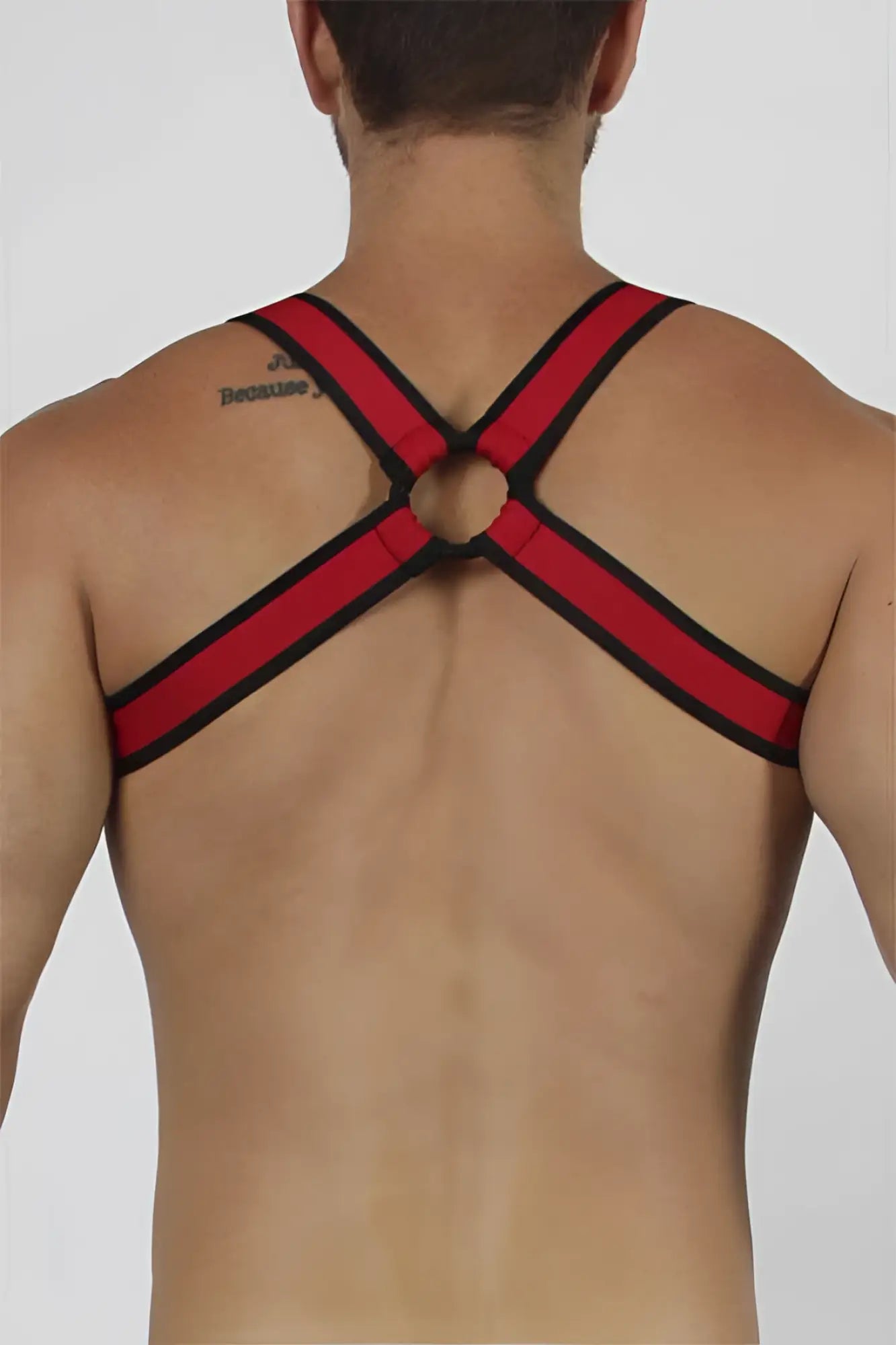 Red and black striped cellblock 13 bandit harness size s featuring a central circular opening for secure fit