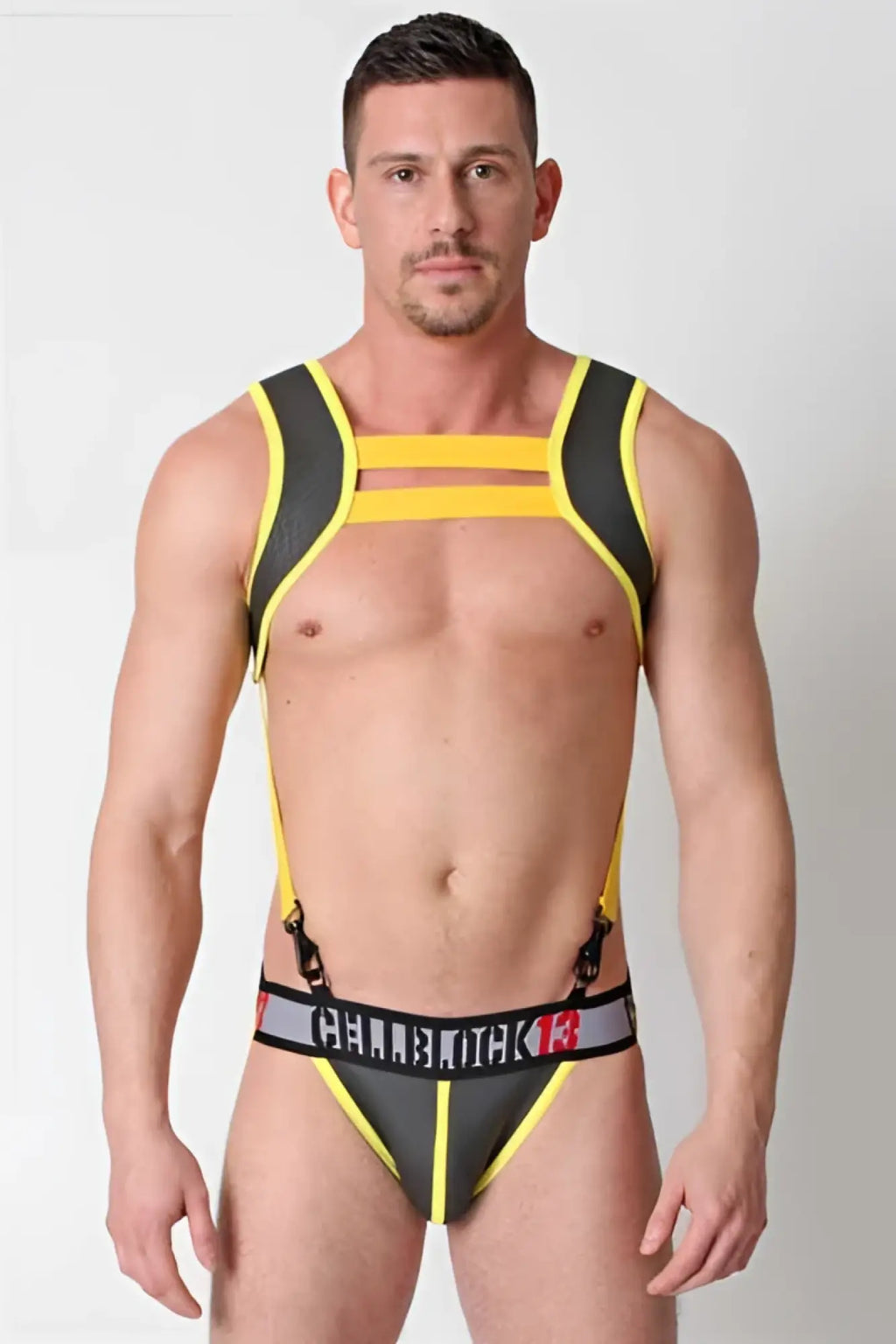 CellBlock 13 cobra yellow and black neoprene harness bodysuit with adjustable straps size small front view