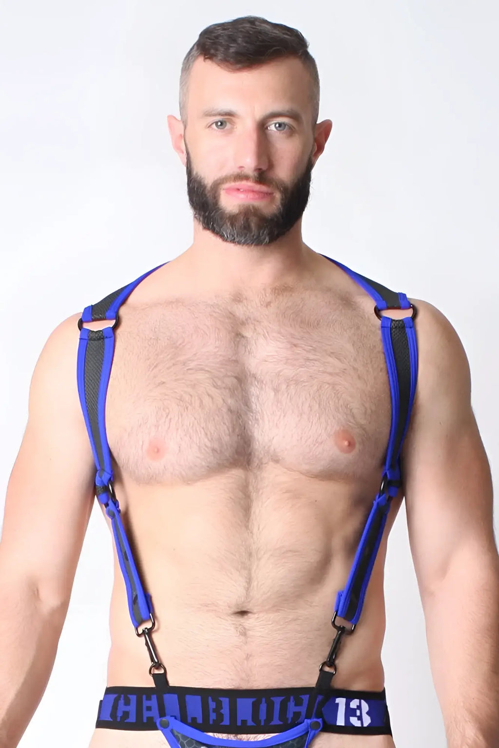 Cellblock 13 cyber x-treme harness size l with blue and black adjustable suspenders and metal clasps