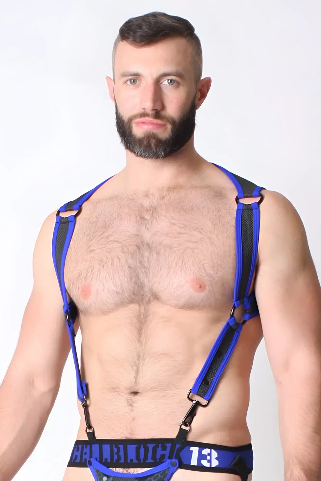 Blue and black leather cellblock 13 cyber x-treme harness with adjustable straps and metal clasps size l