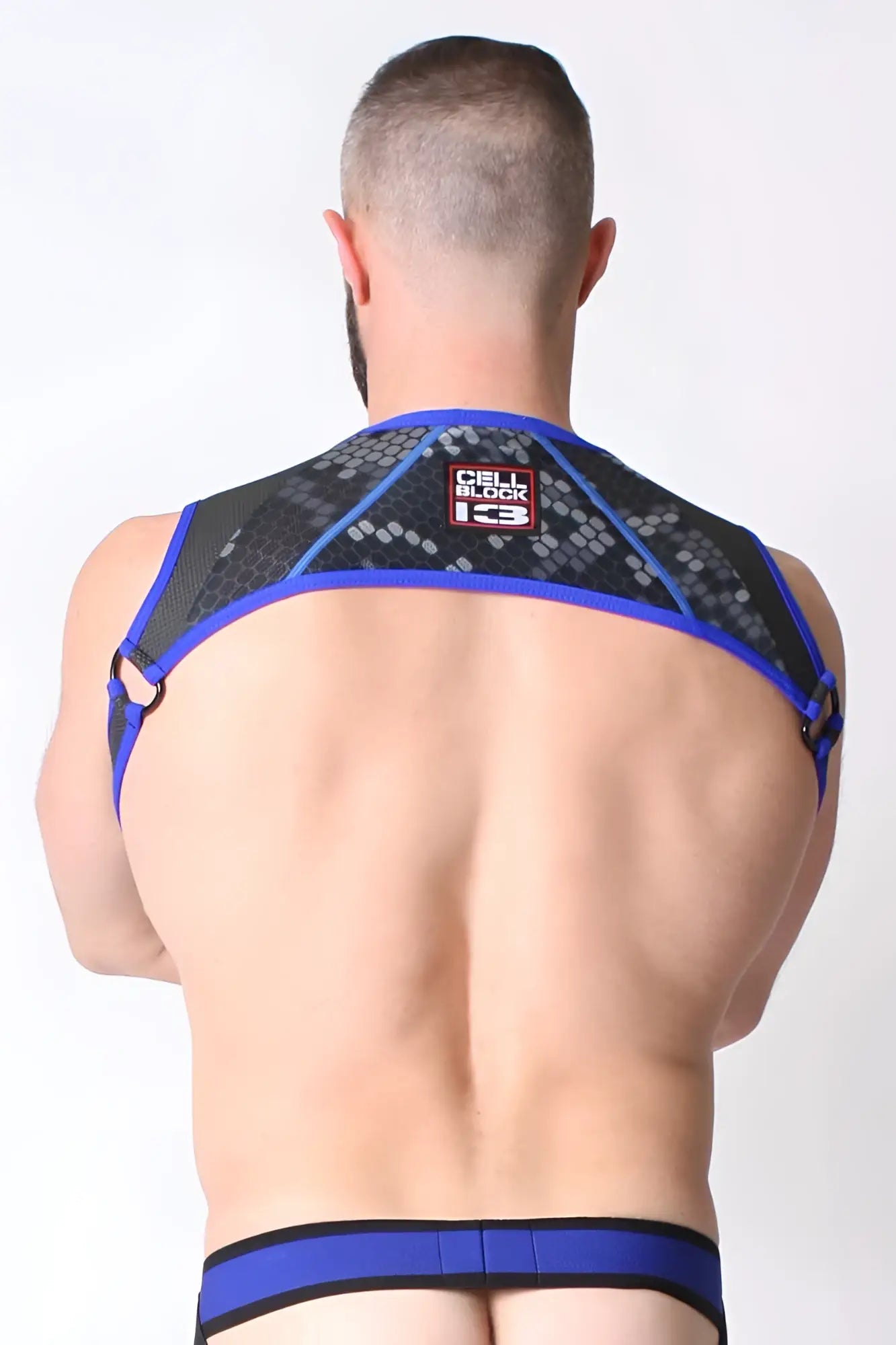 Blue and black mesh cyber x-treme harness with geometric pattern and cell block 13 logo on the back size l