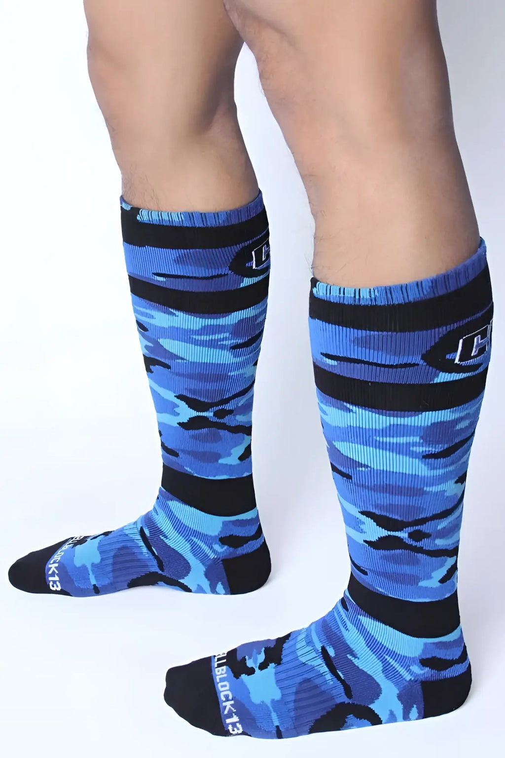 Cellblock 13 foxhole knee-high socks blue black camouflage ribbed with reinforced toe and heel in one size