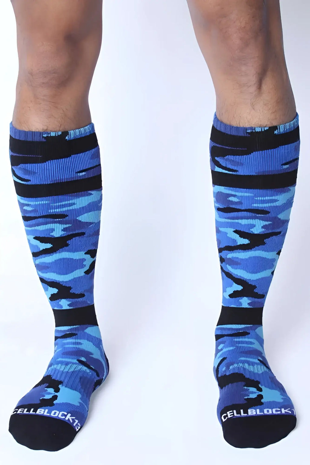 Cellblock 13 foxhole blue and black camouflage knee-high socks with cellblock branding on the toe size one size
