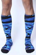 Cellblock 13 foxhole blue and black camouflage knee-high socks with cellblock branding on the toe size one size