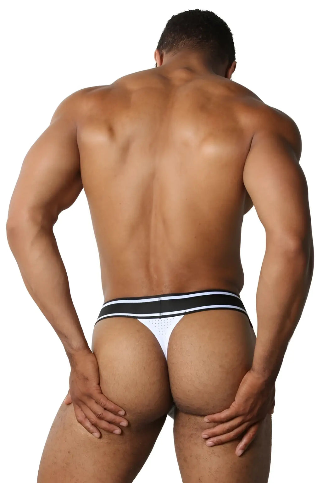 White athletic briefs with a black and white striped waistband from CellBlock 13 Relay thong underwear size M