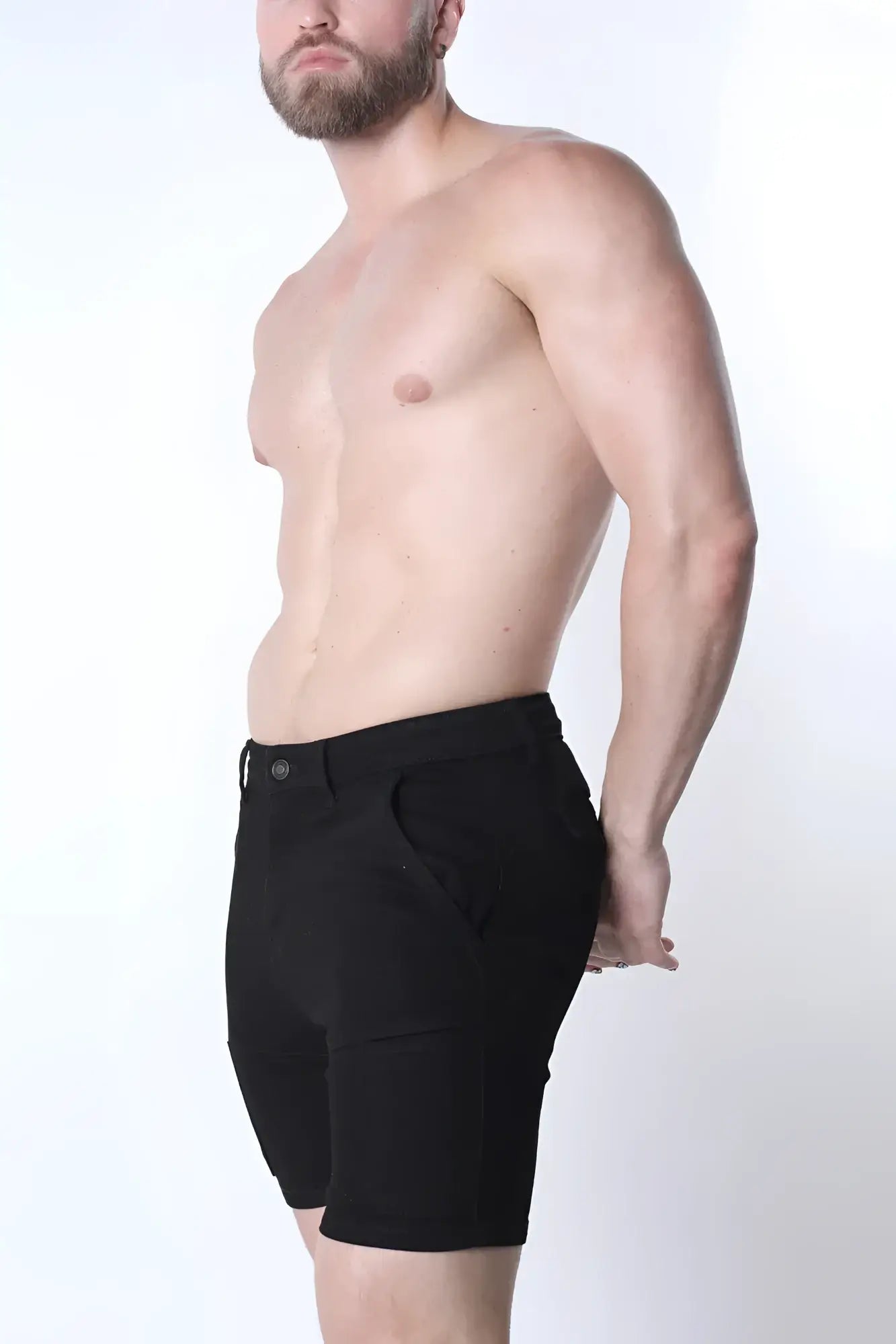 Black full court denim zipper shorts with sleek tailored fit and subtle stitching details