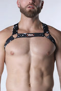 Pulse elastic harness black star-patterned with metallic rings and vaux brand label in elastic material