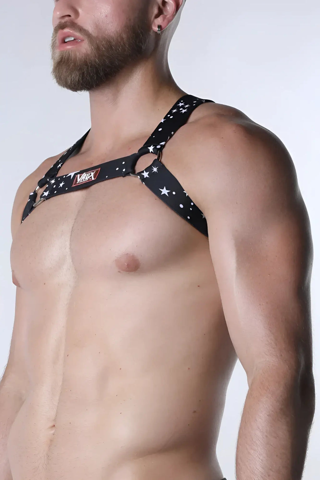 Pulse elastic harness with black star pattern white stars and red vix logo on the strap for secure fit
