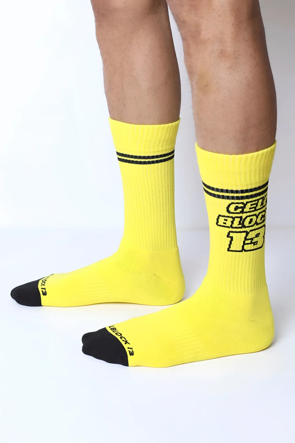 Starter crew socks bright yellow with black toe caps two black stripes and bold gelb block 13 text on the side