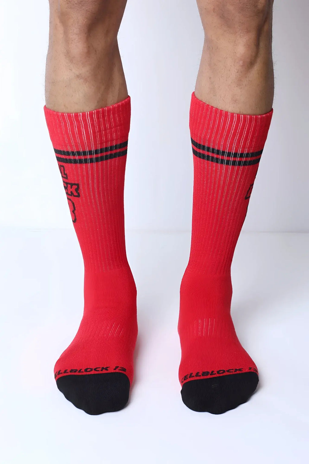 Starter crew socks red athletic socks with black toe caps two horizontal stripes and shellblock 13 logo