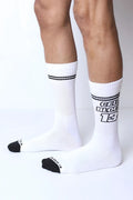 Starter crew socks white athletic socks with black toe caps two stripes and bold cell block 13 graphic
