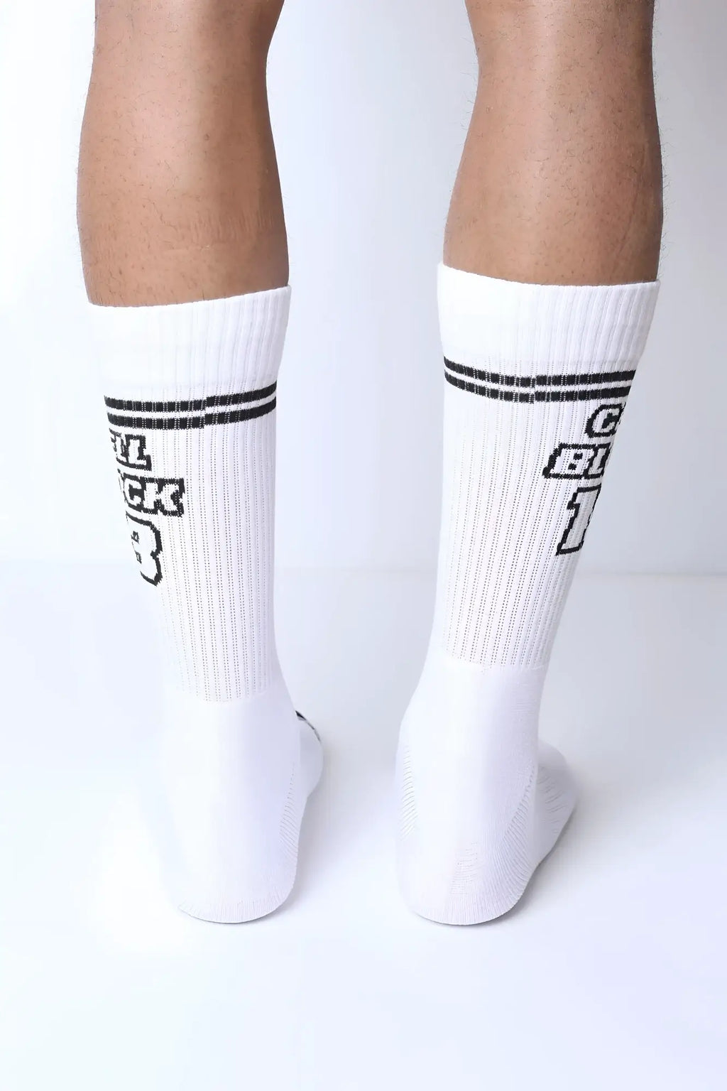 Starter crew socks in white with black horizontal stripes and bold c black 3 lettering in a sporty collegiate style