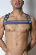 Tight end elastic harness suspenders in olive green and navy blue stripes with white trim made of elastic material